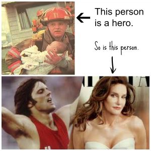 Firefighter with a baby and Bruce Jenner and Caitlyn Jenner